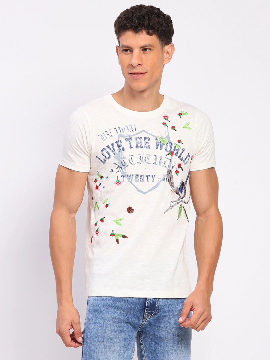 White Cotton Typographic Print & Embroidered T-Shirt - Global Republic