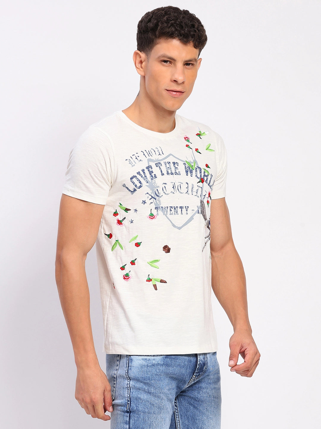 White Cotton Typographic Print & Embroidered T-Shirt - Global Republic