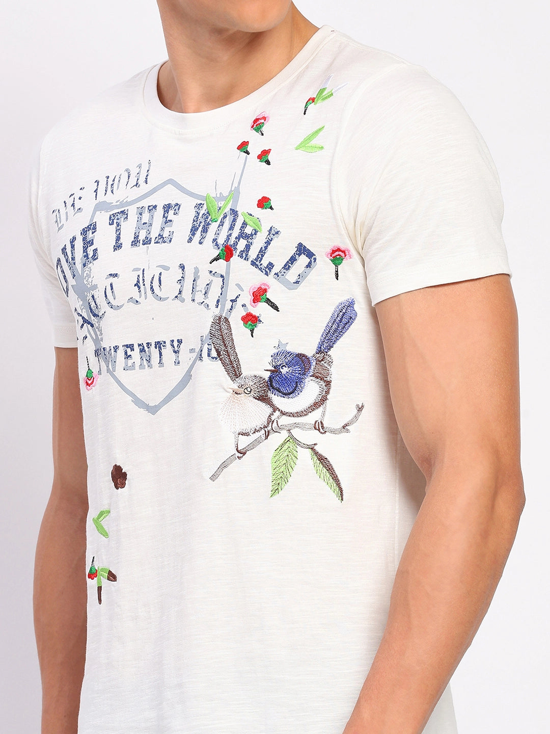 White Cotton Typographic Print & Embroidered T-Shirt - Global Republic