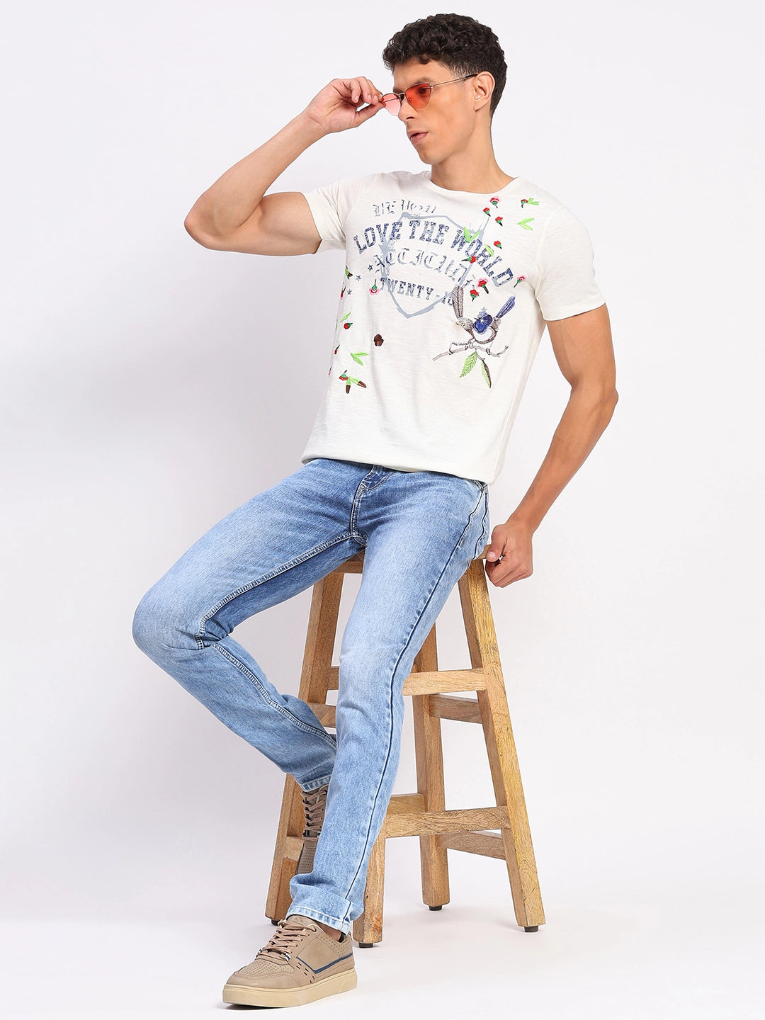 White Cotton Typographic Print & Embroidered T-Shirt - Global Republic