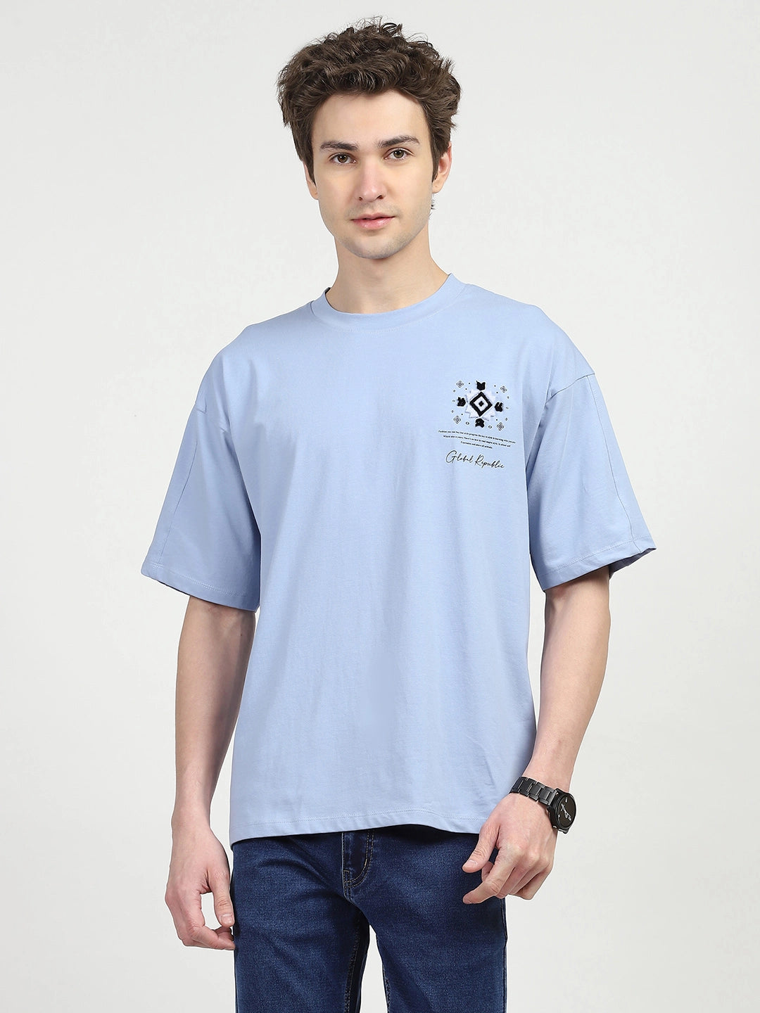 Blue Oversized Graphic Cotton T-shirt - Global Republic