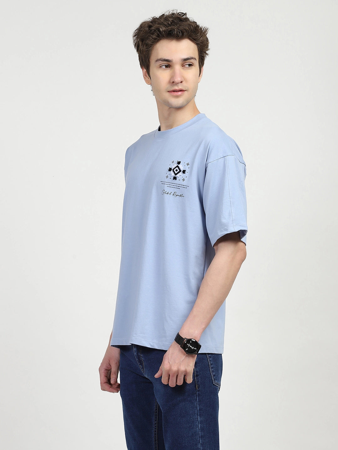 Blue Oversized Graphic Cotton T-shirt - Global Republic
