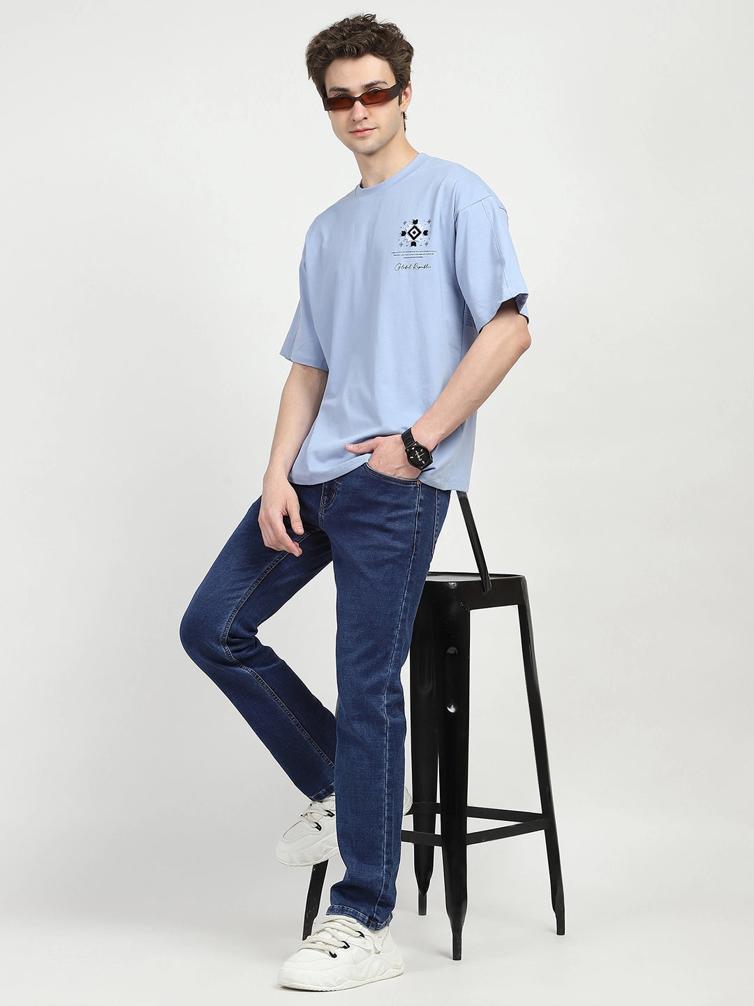 Blue Oversized Graphic Cotton T-shirt - Global Republic