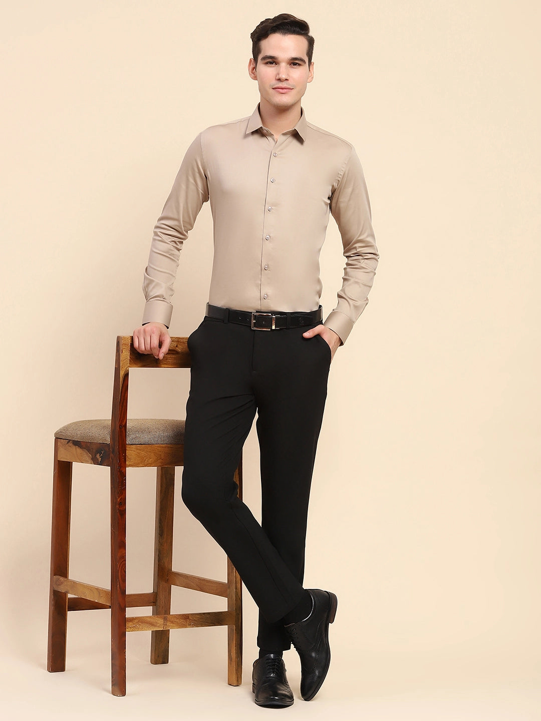 Beige Cotton Blend Solid Formal Shirt - Global Republic