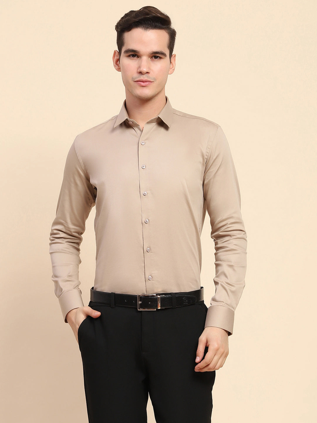 Beige Cotton Blend Solid Formal Shirt - Global Republic