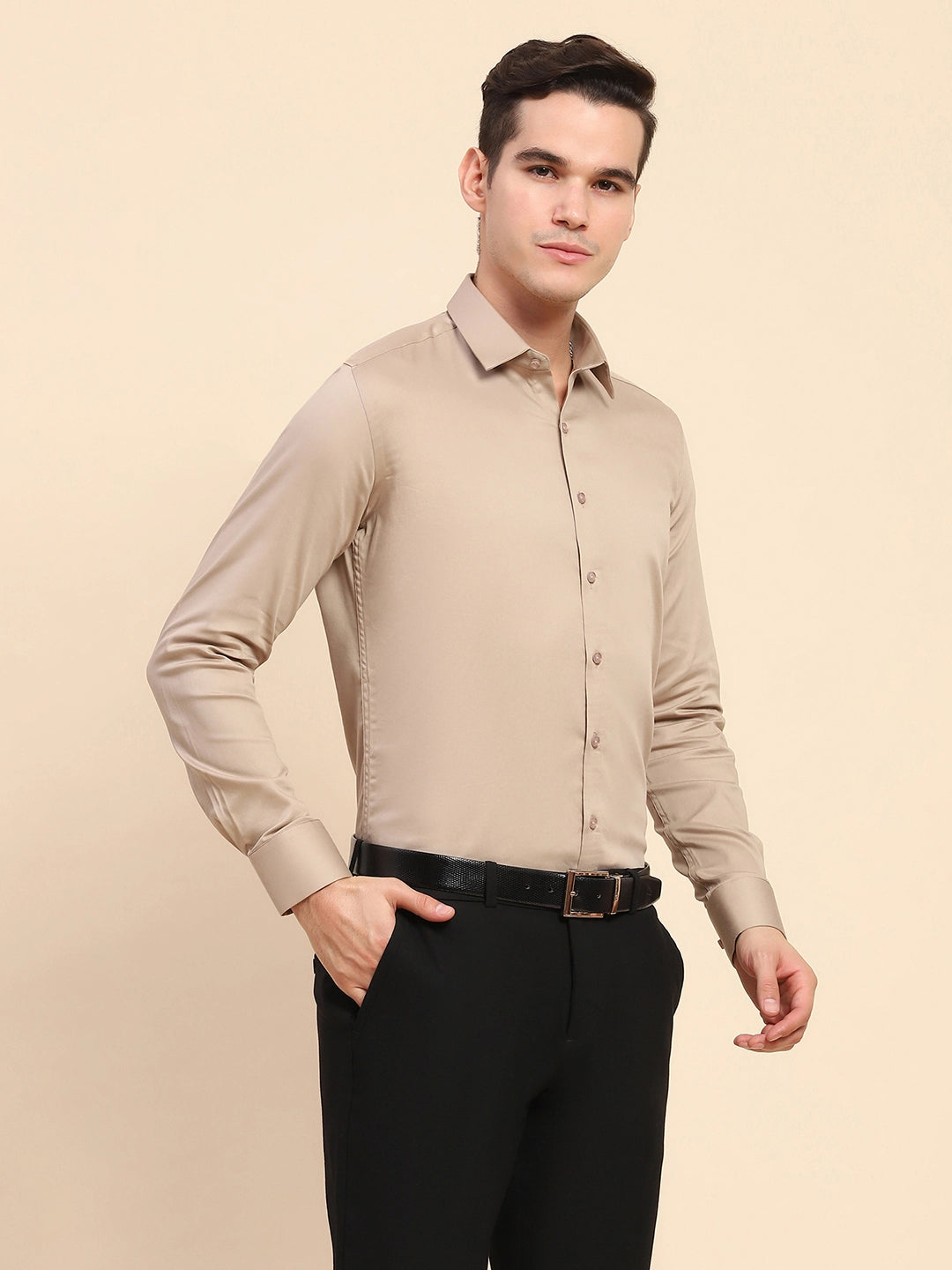 Beige Cotton Blend Solid Formal Shirt - Global Republic
