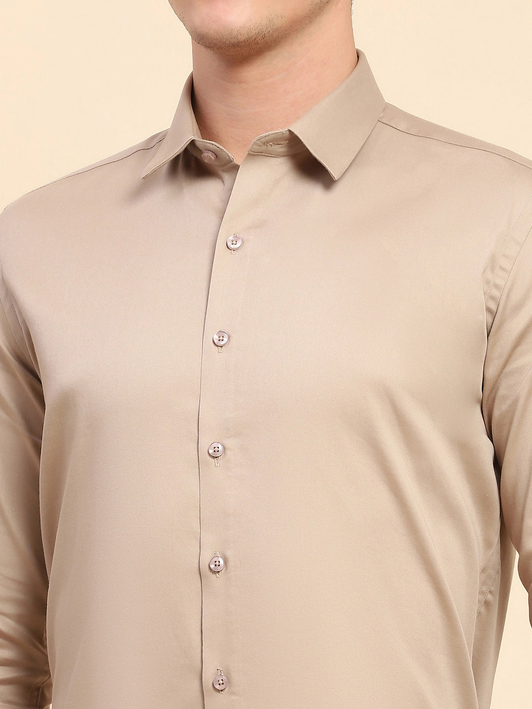 Beige Cotton Blend Solid Formal Shirt - Global Republic