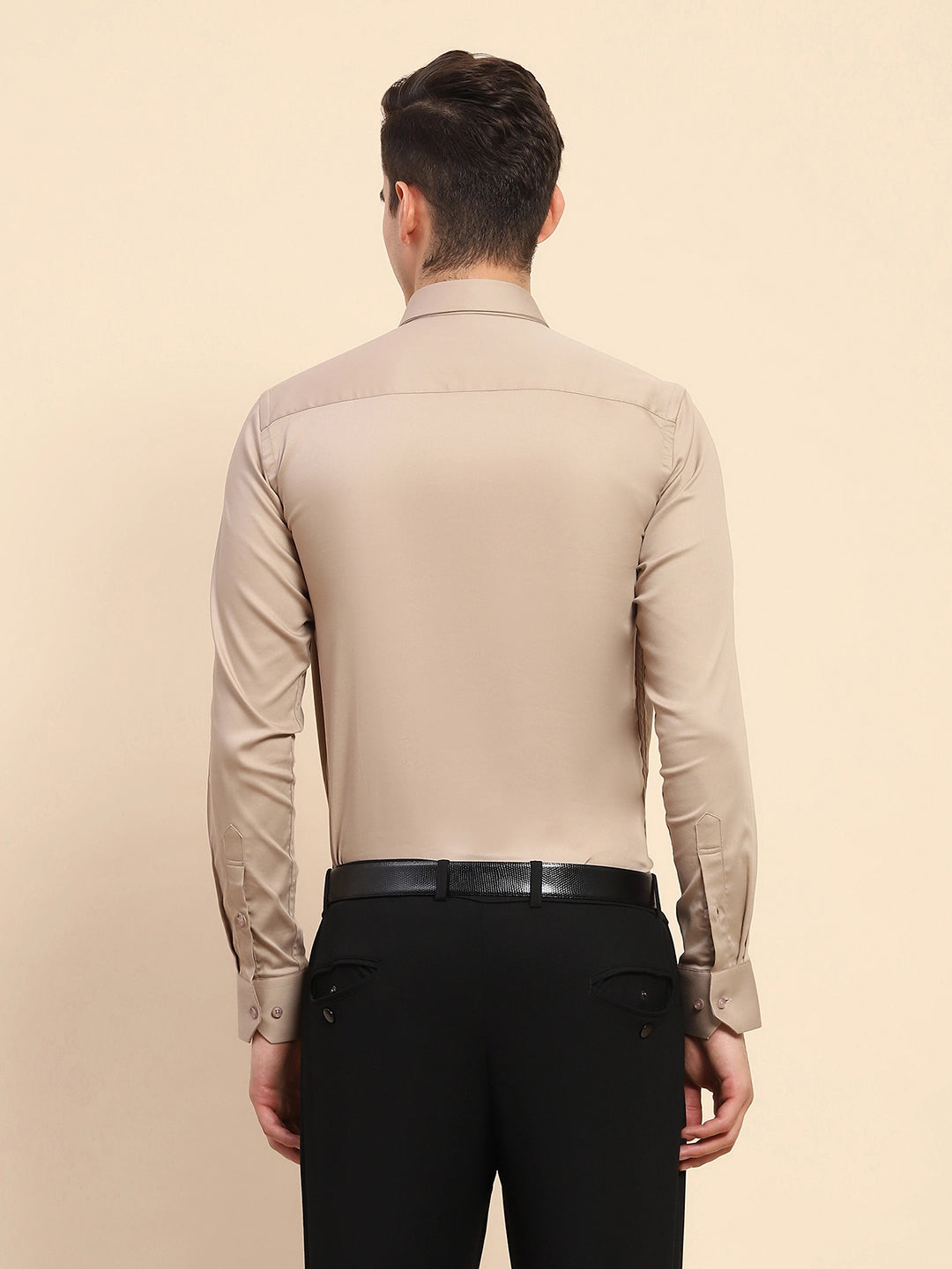 Beige Cotton Blend Solid Formal Shirt - Global Republic