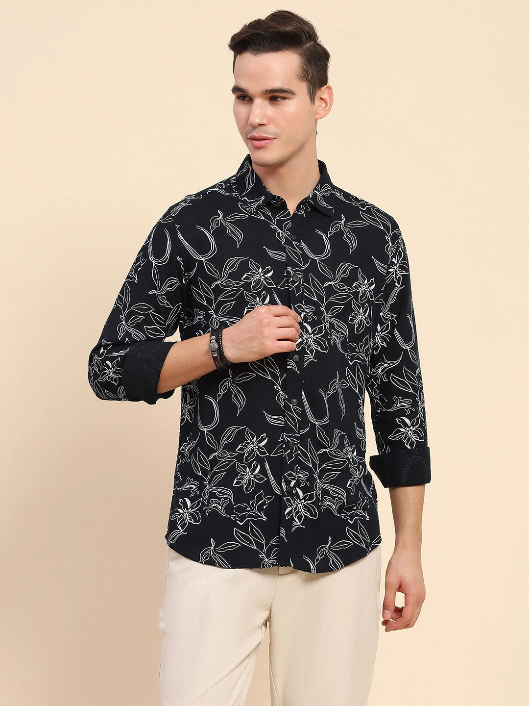 Navy Cotton Floral Casual Shirt - Global Republic