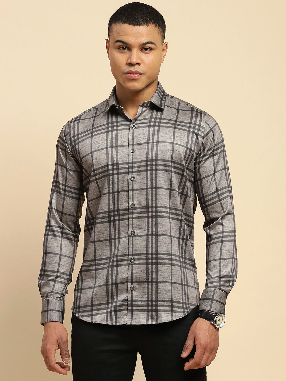 Grey Cotton Blend Tailored fit Shirt - Global Republic
