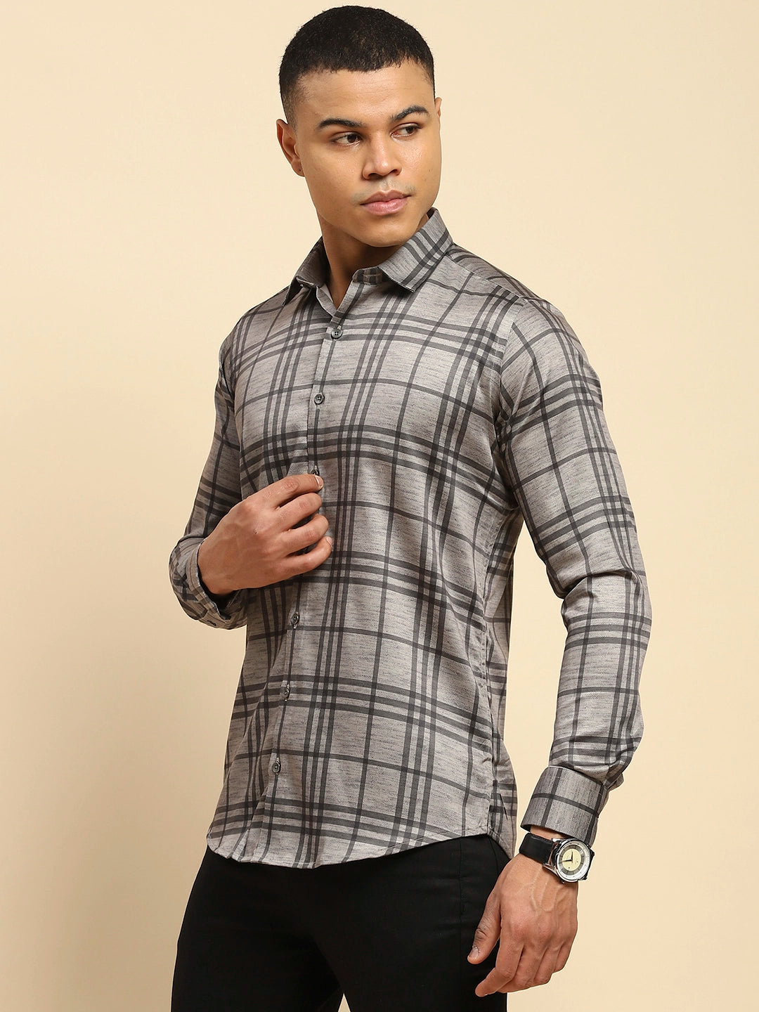 Grey Cotton Blend Tailored fit Shirt - Global Republic