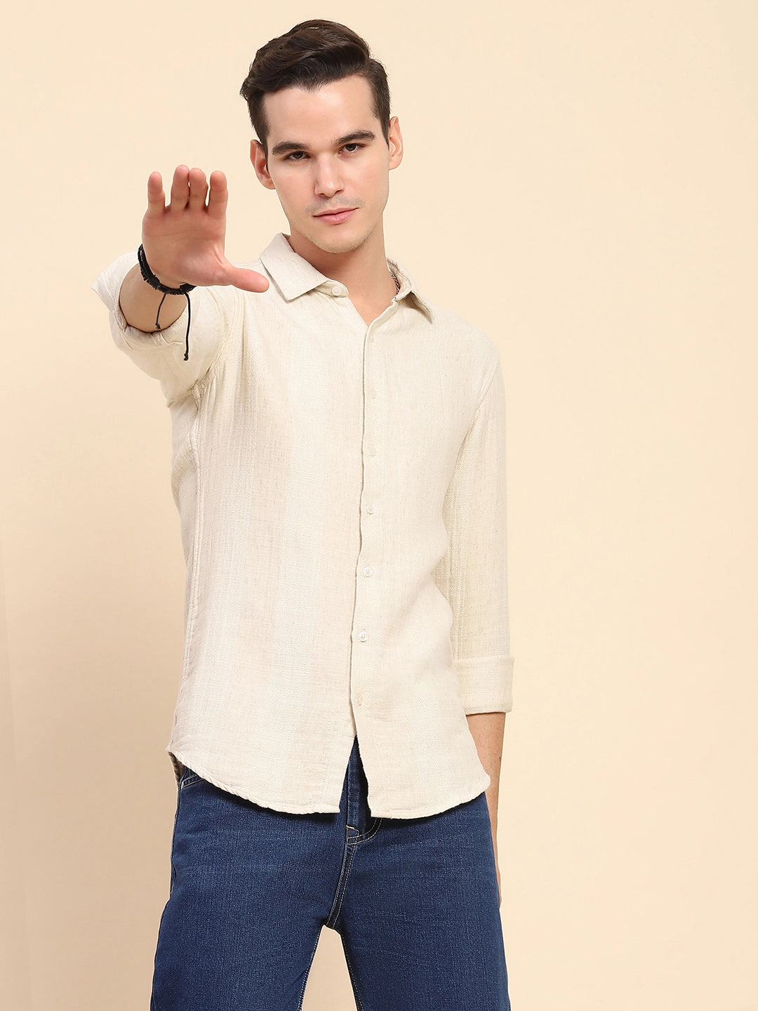 Beige Linen Blend Self Design Shirt - Global Republic
