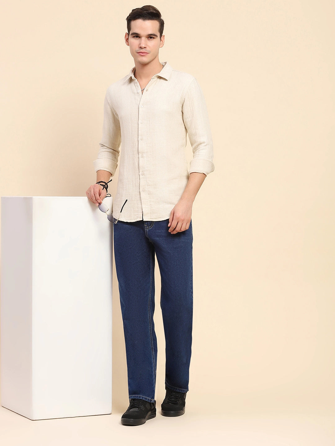 Beige Linen Blend Self Design Shirt - Global Republic