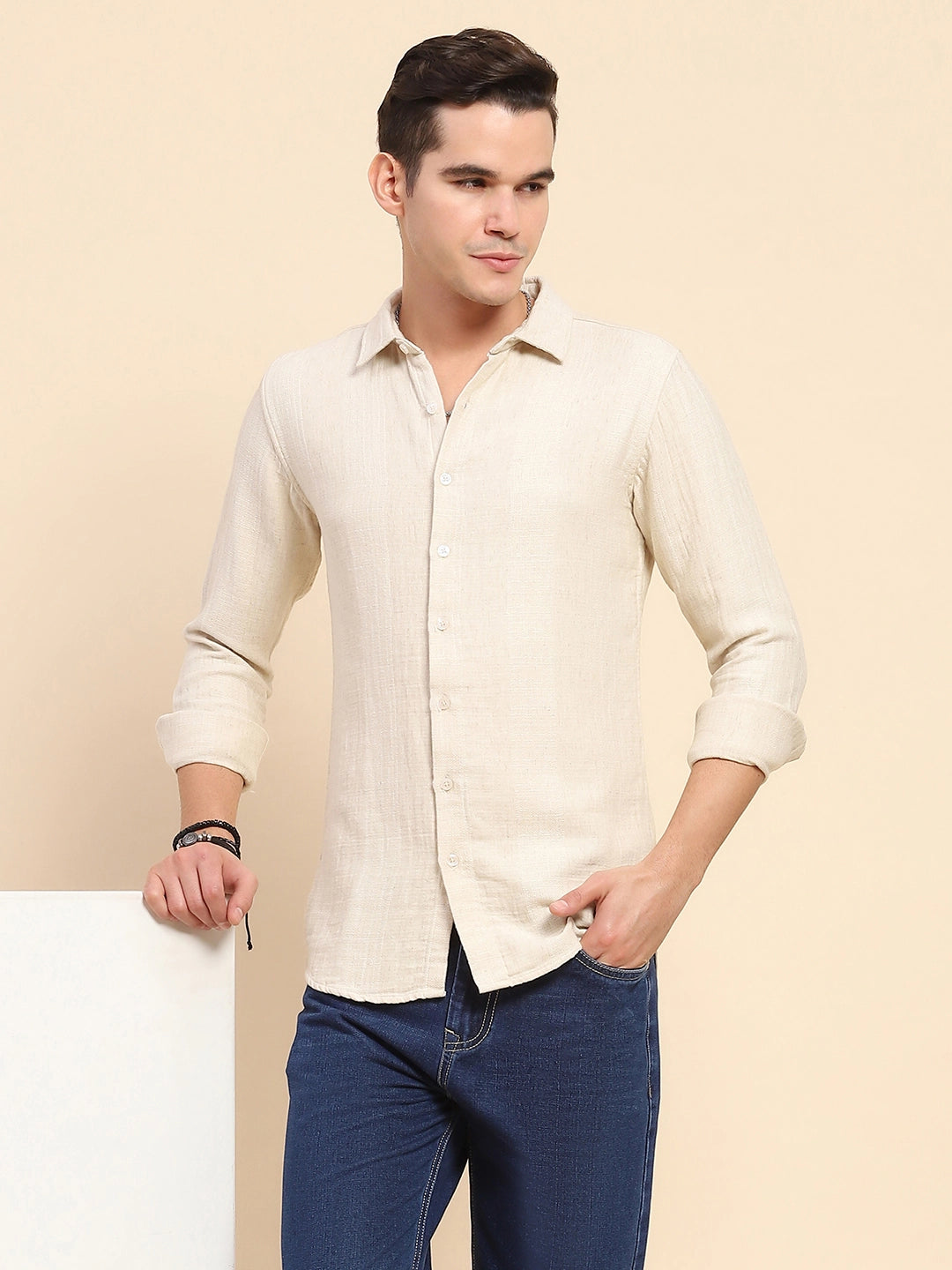 Beige Linen Blend Self Design Shirt - Global Republic