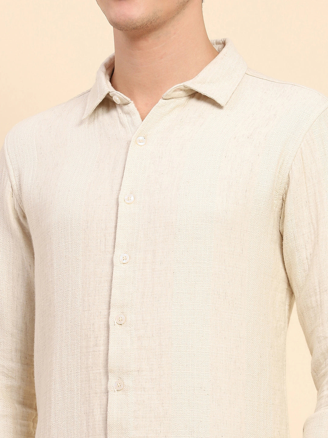Beige Linen Blend Self Design Shirt - Global Republic