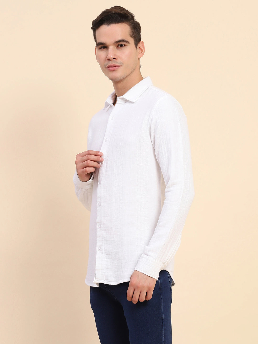 White Cotton Linen Self Design Casual Shirt - Global Republic