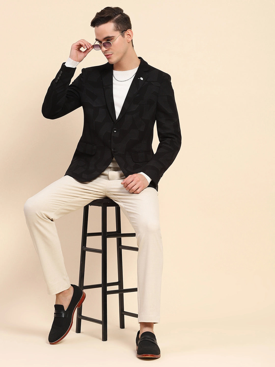 Black Cotton Blend Textured Coat - Global Republic