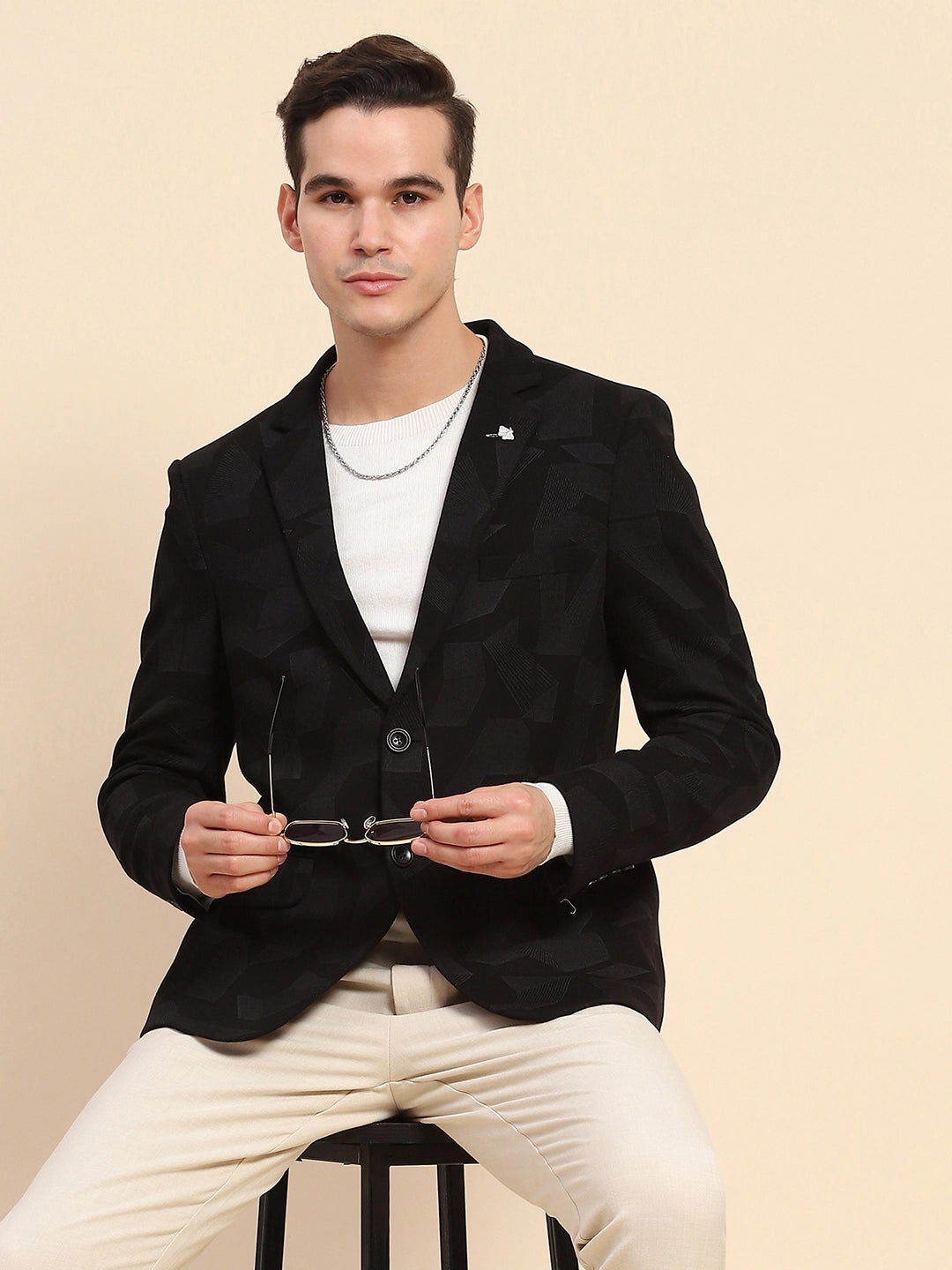 Black Cotton Blend Textured Coat - Global Republic