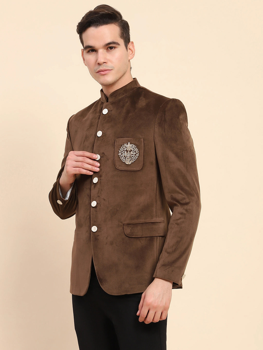 Brown Velvet Zari Embroidered Winter Wear Coat - Global Republic