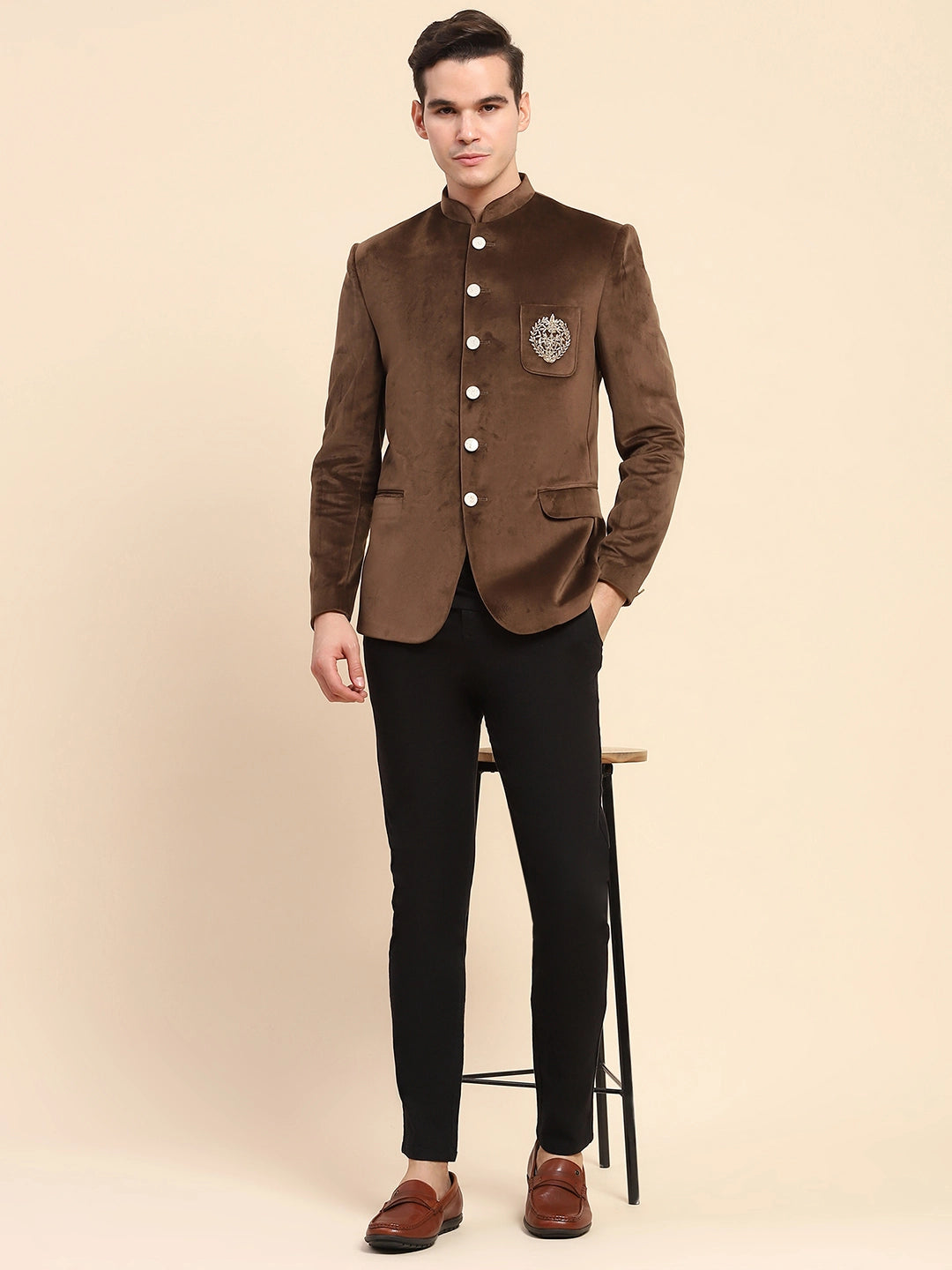 Brown Velvet Zari Embroidered Winter Wear Coat - Global Republic