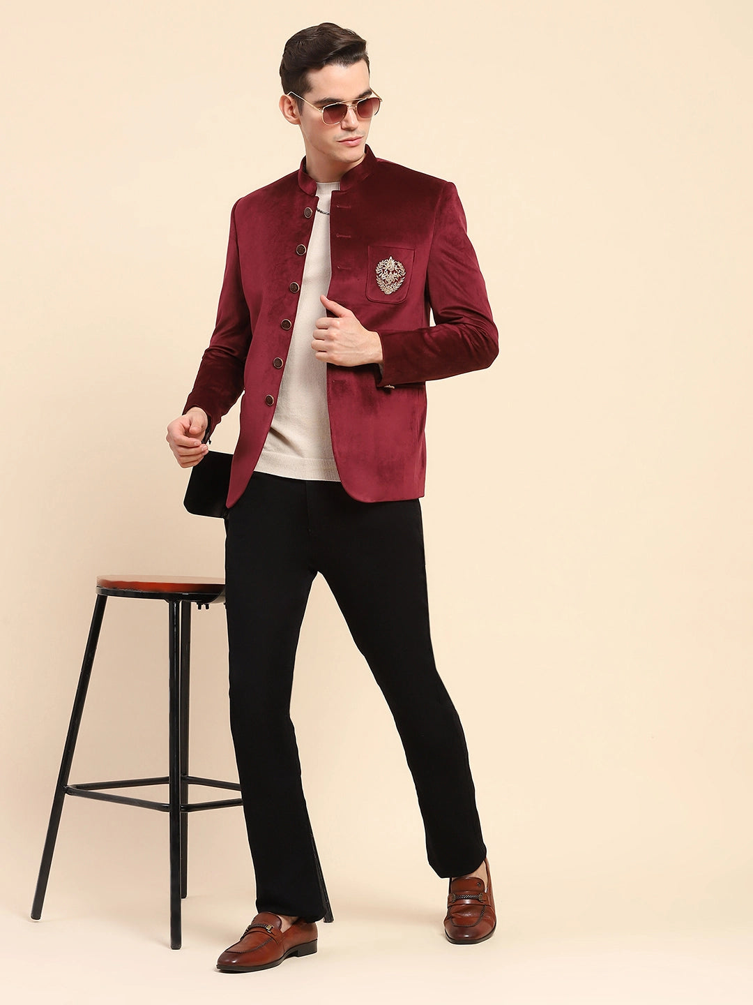Maroon Velvet Zari Embroidered Coat - Global Republic