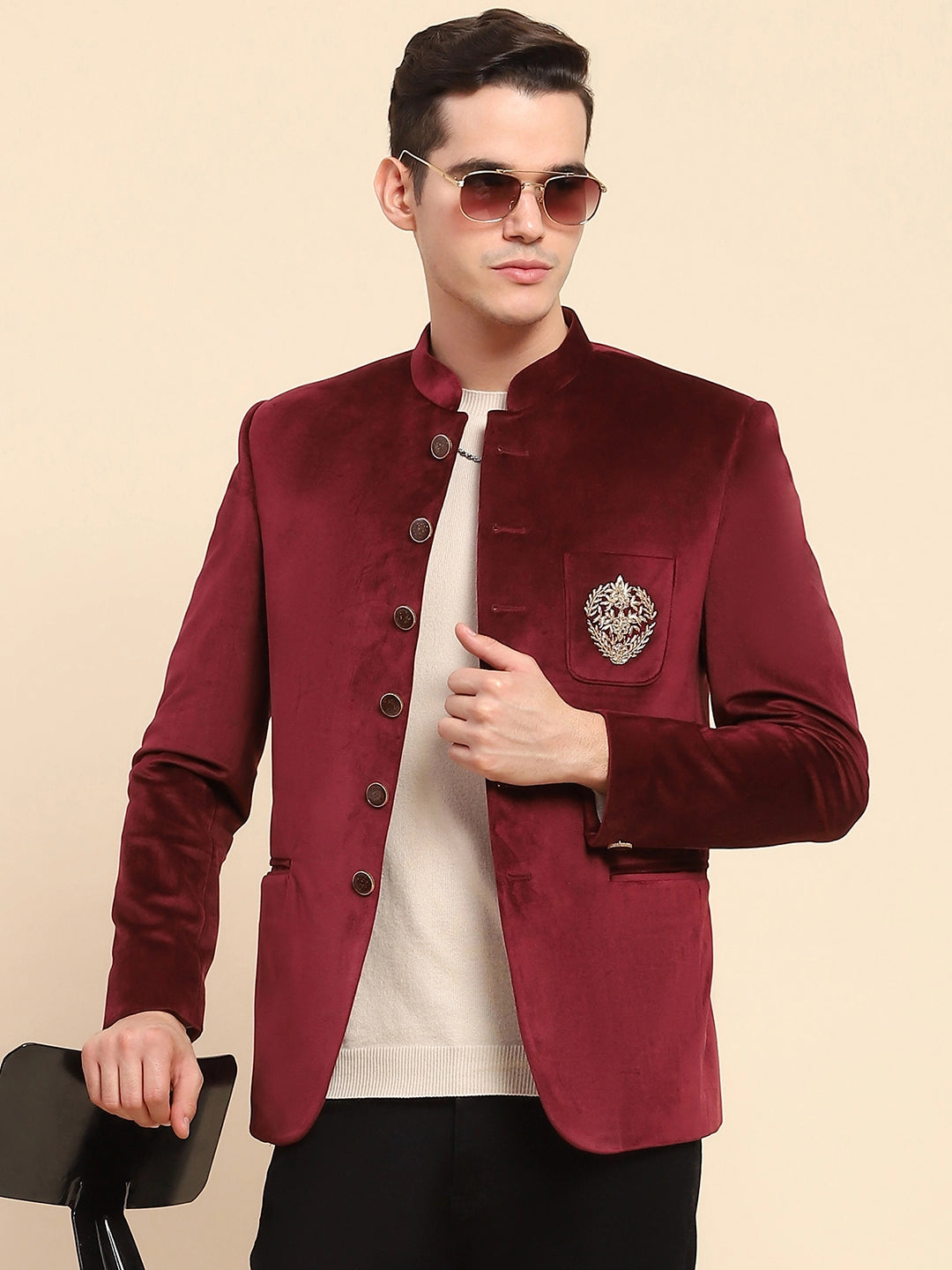 Maroon Velvet Zari Embroidered Coat - Global Republic