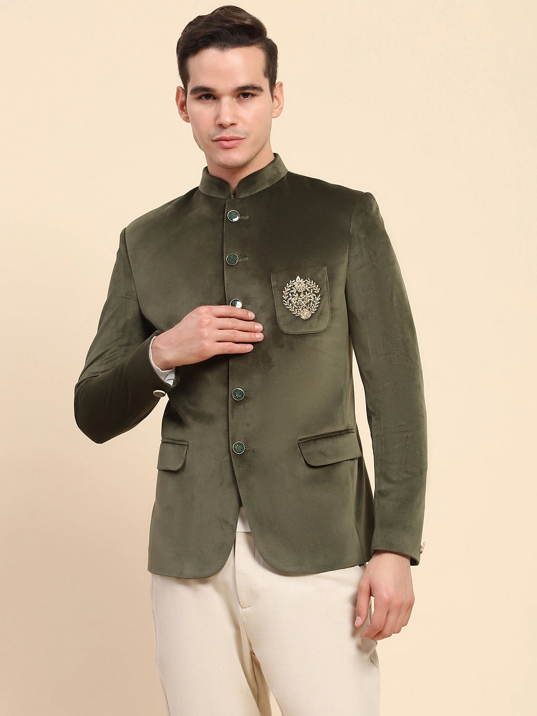 Olive Velvet Zari Embroidered Coat - Global Republic