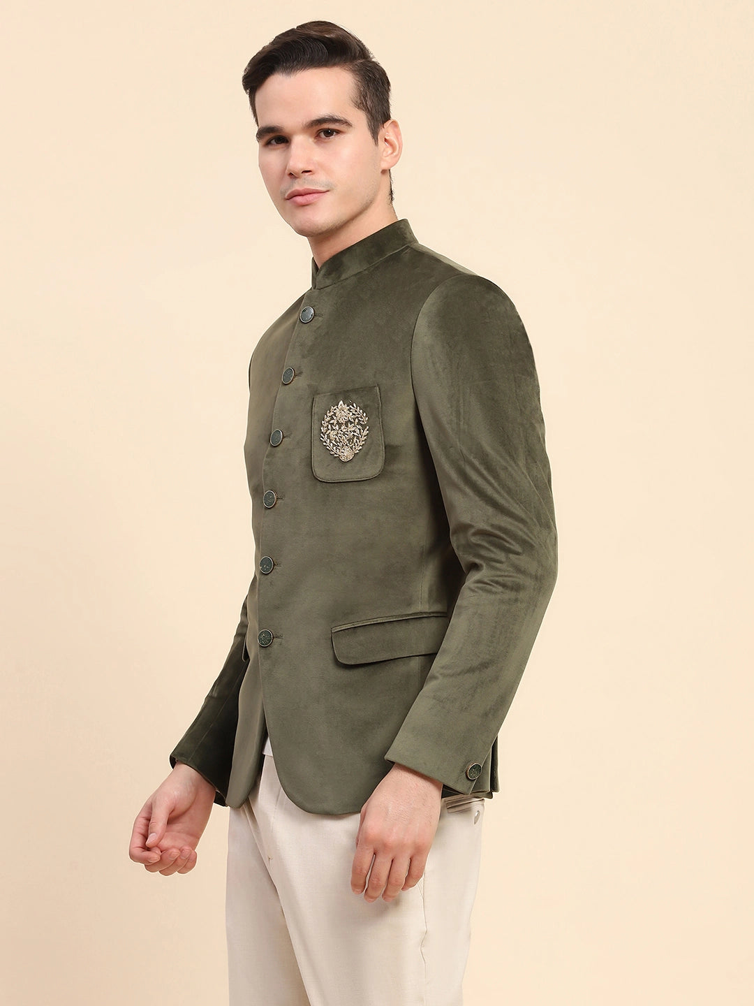 Olive Velvet Zari Embroidered Coat - Global Republic