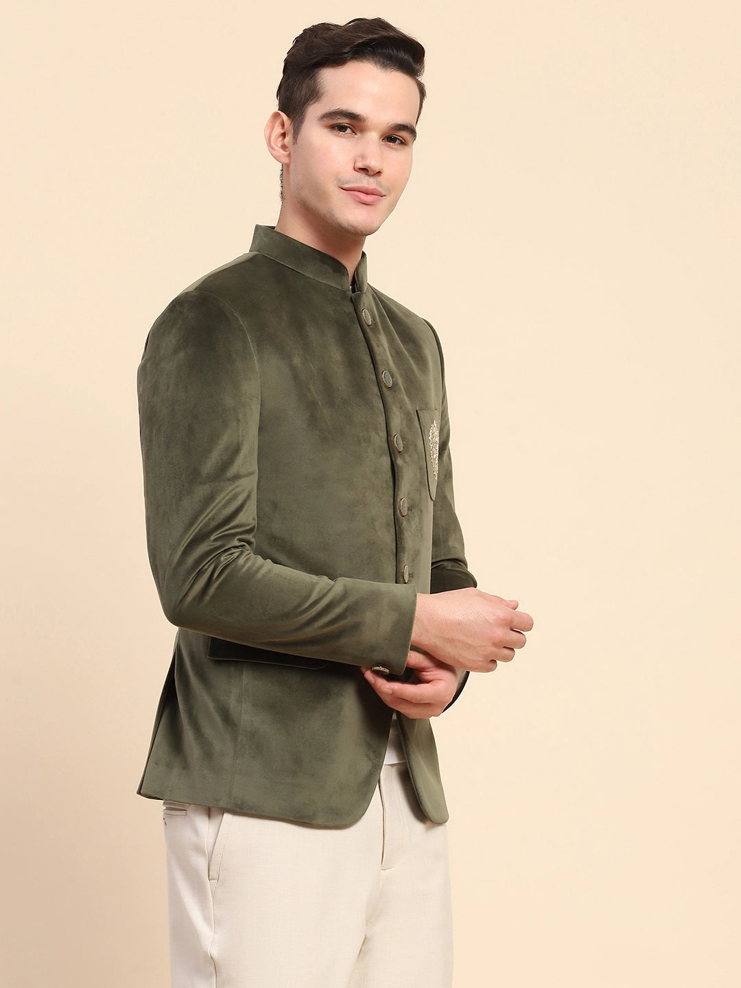 Olive Velvet Zari Embroidered Coat - Global Republic