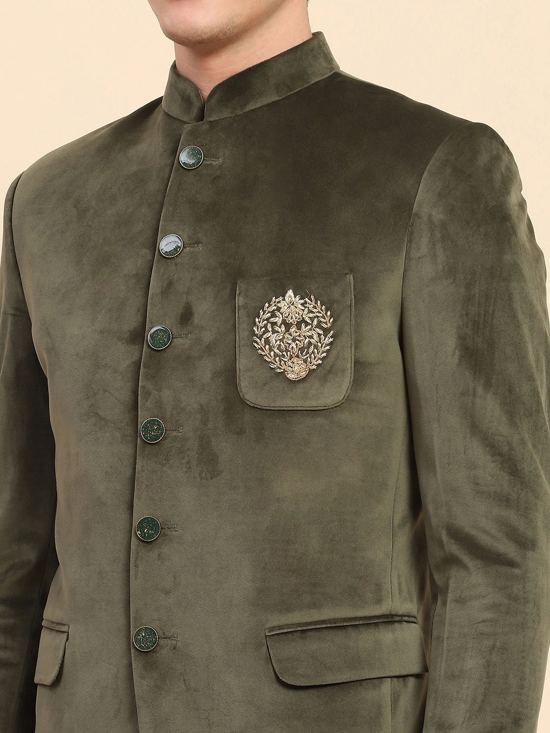 Olive Velvet Zari Embroidered Coat - Global Republic