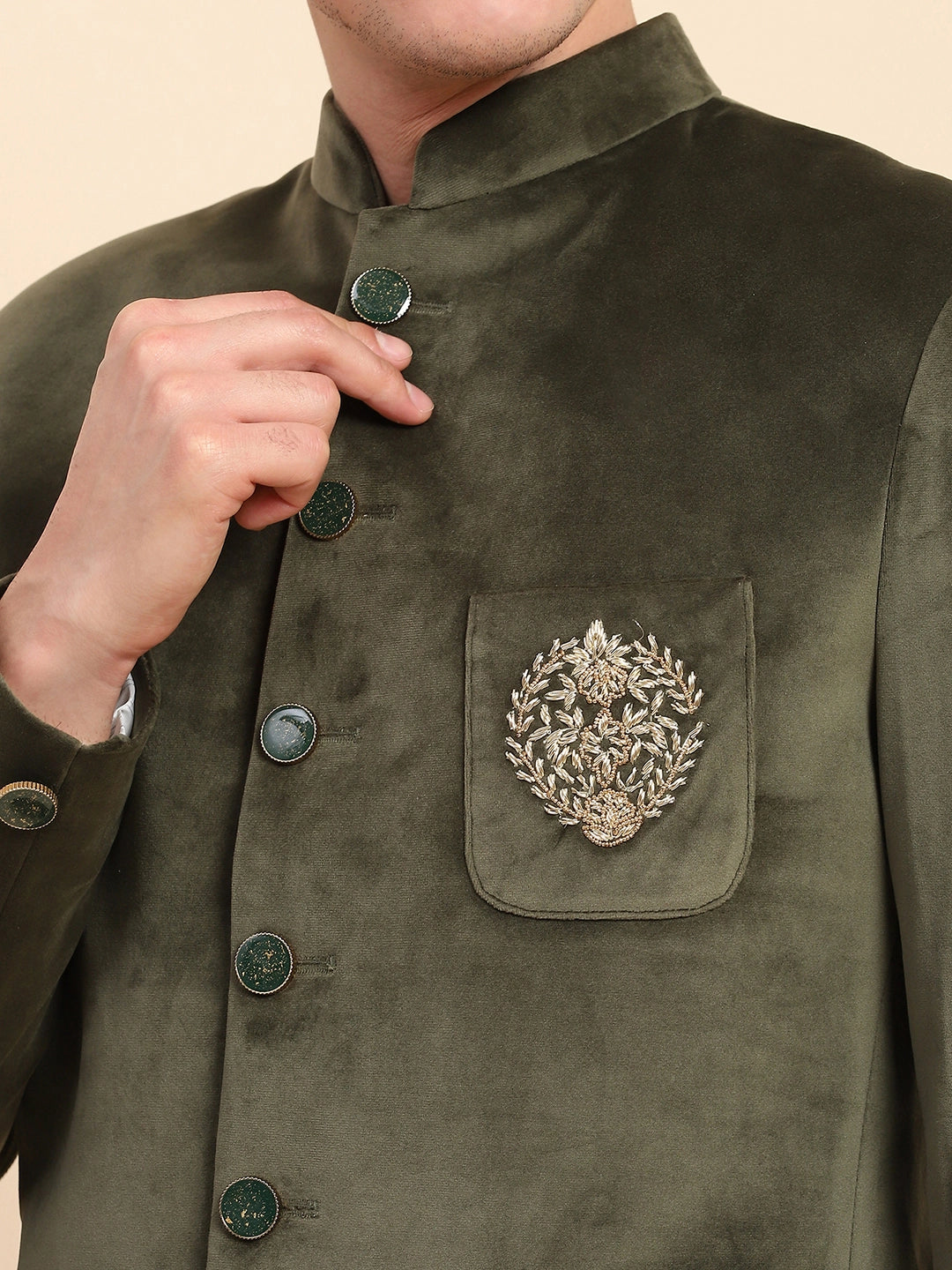 Olive Velvet Zari Embroidered Coat - Global Republic