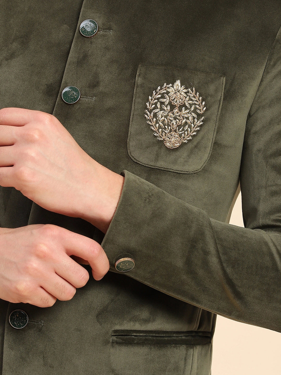 Olive Velvet Zari Embroidered Coat - Global Republic