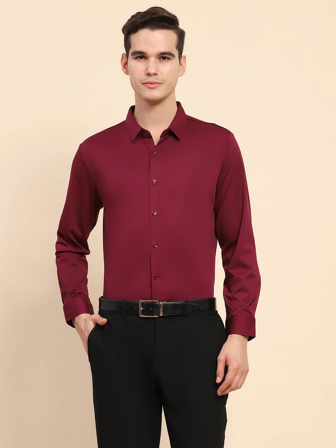 Wine Nylon Blend Solid Formal Shirt - Global Republic