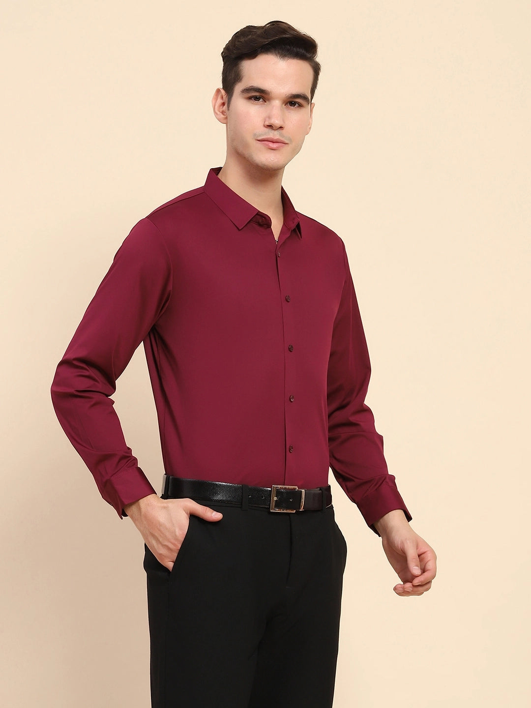 Wine Nylon Blend Solid Formal Shirt - Global Republic