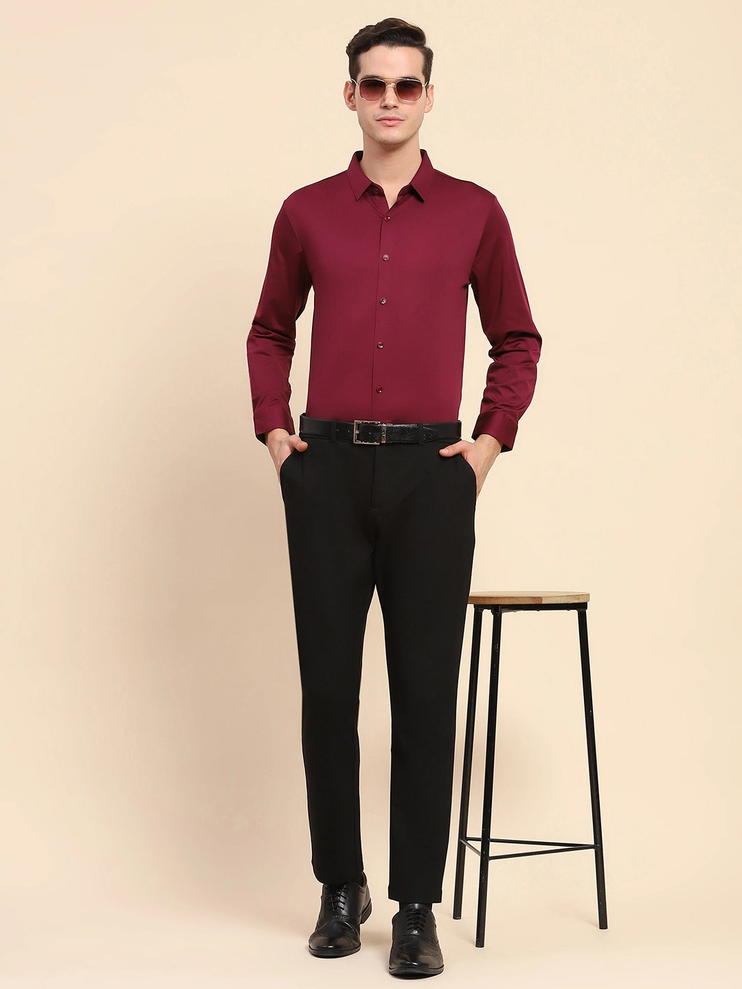Wine Nylon Blend Solid Formal Shirt - Global Republic