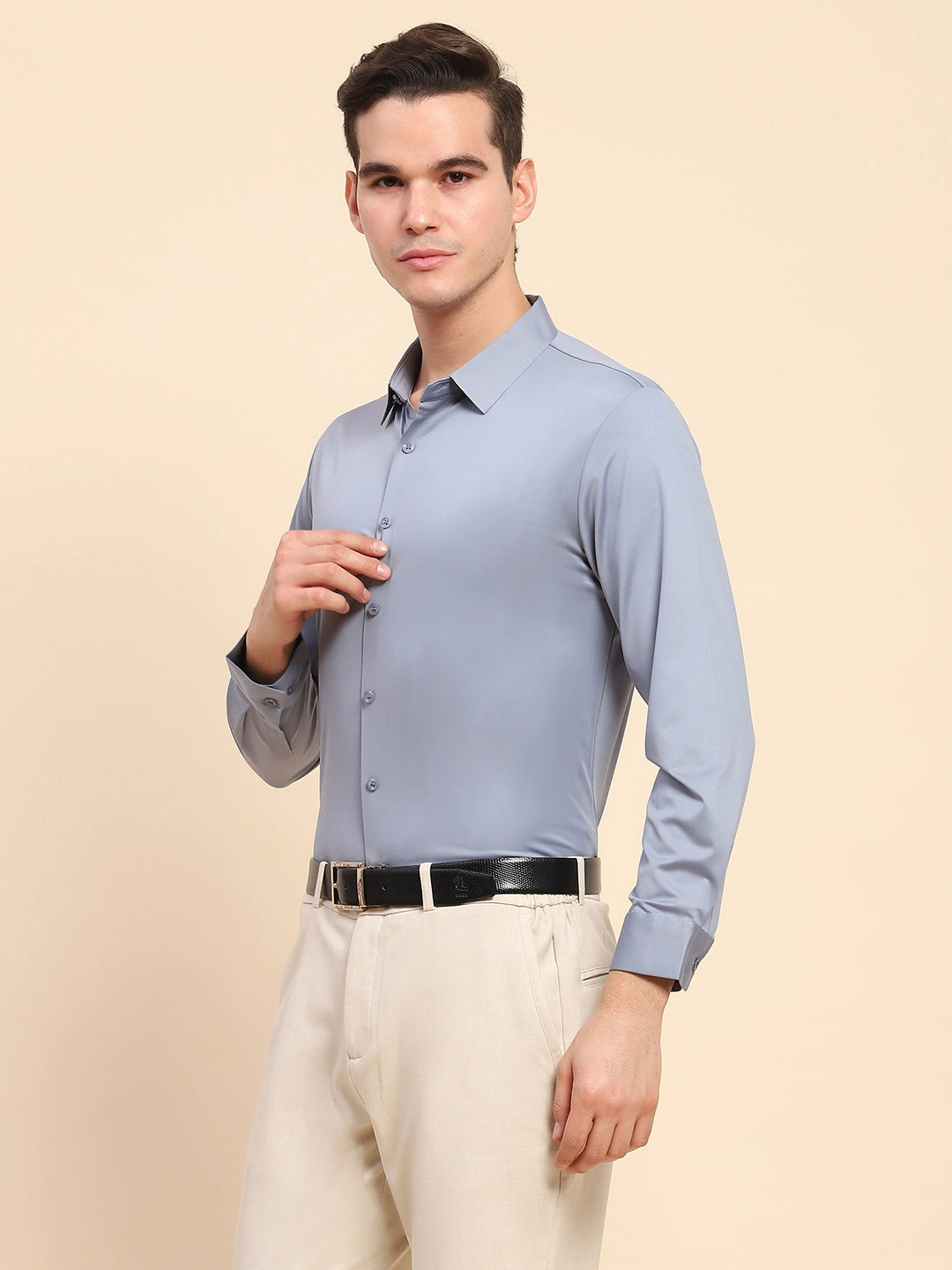 Blue Nylon Blend Solid Formal Shirt - Global Republic