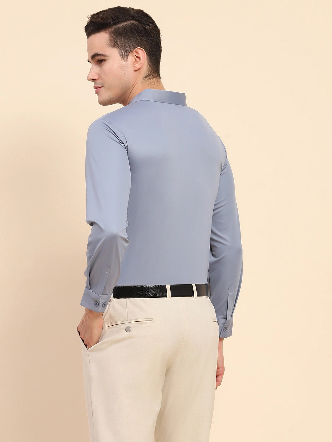 Blue Nylon Blend Solid Formal Shirt - Global Republic