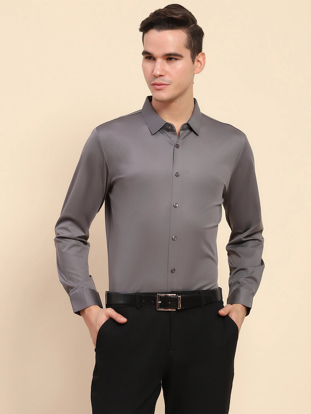 Gray Nylon Blend Solid Formal Shirt - Global Republic