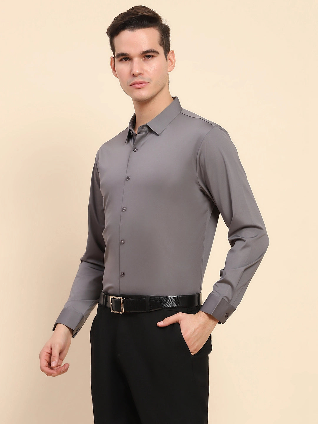Gray Nylon Blend Solid Formal Shirt - Global Republic