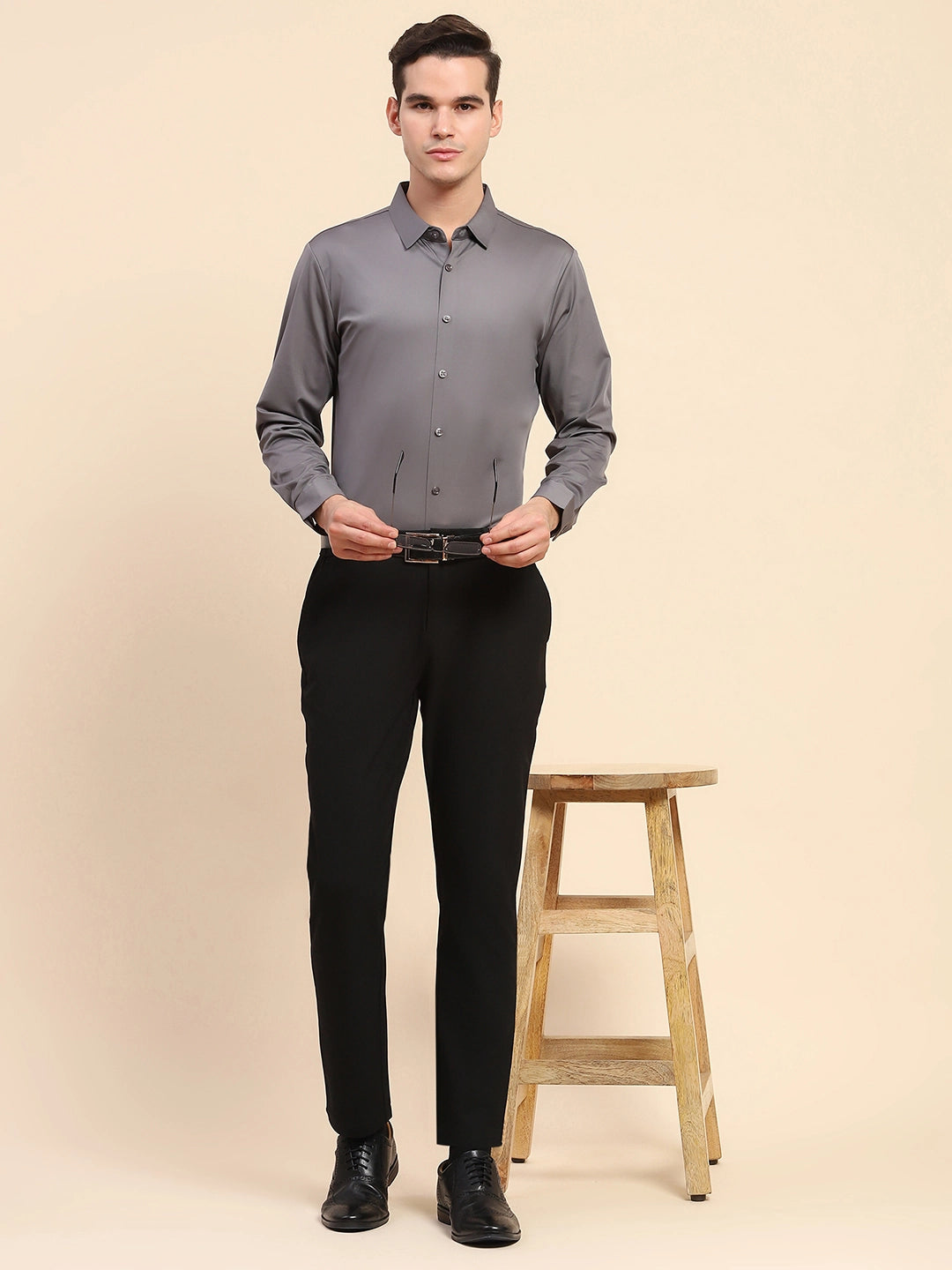Gray Nylon Blend Solid Formal Shirt - Global Republic