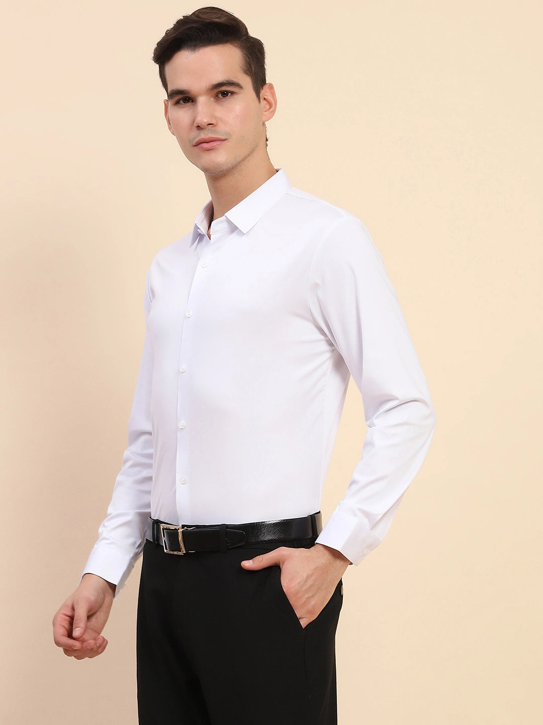 White Nylon Blend Solid Formal Shirt - Global Republic