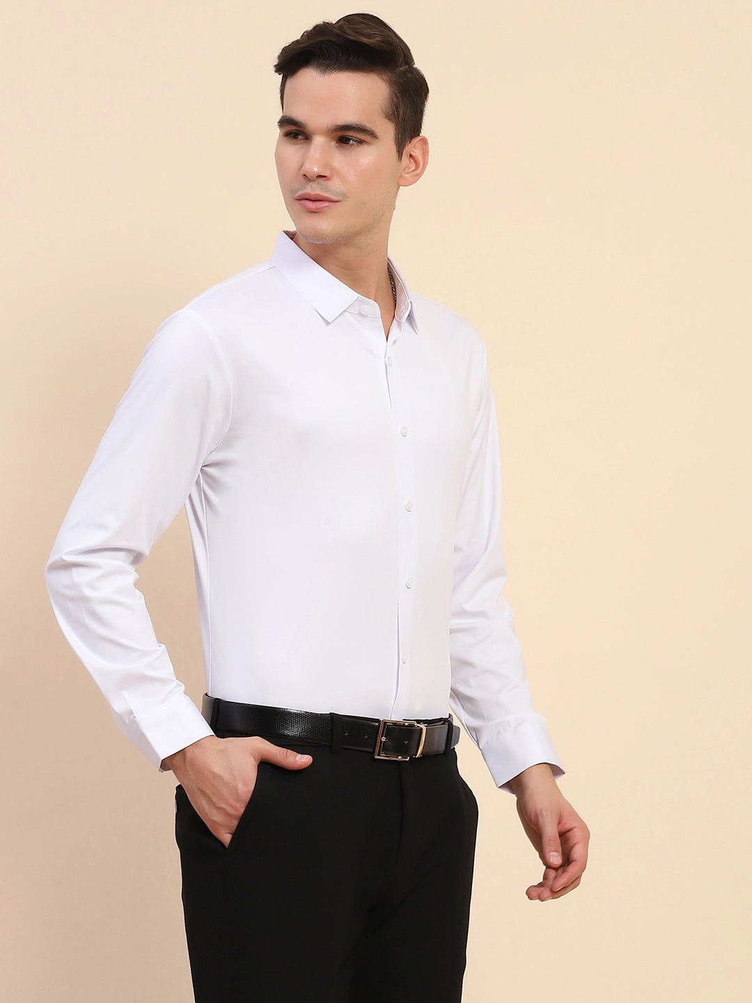 White Nylon Blend Solid Formal Shirt - Global Republic