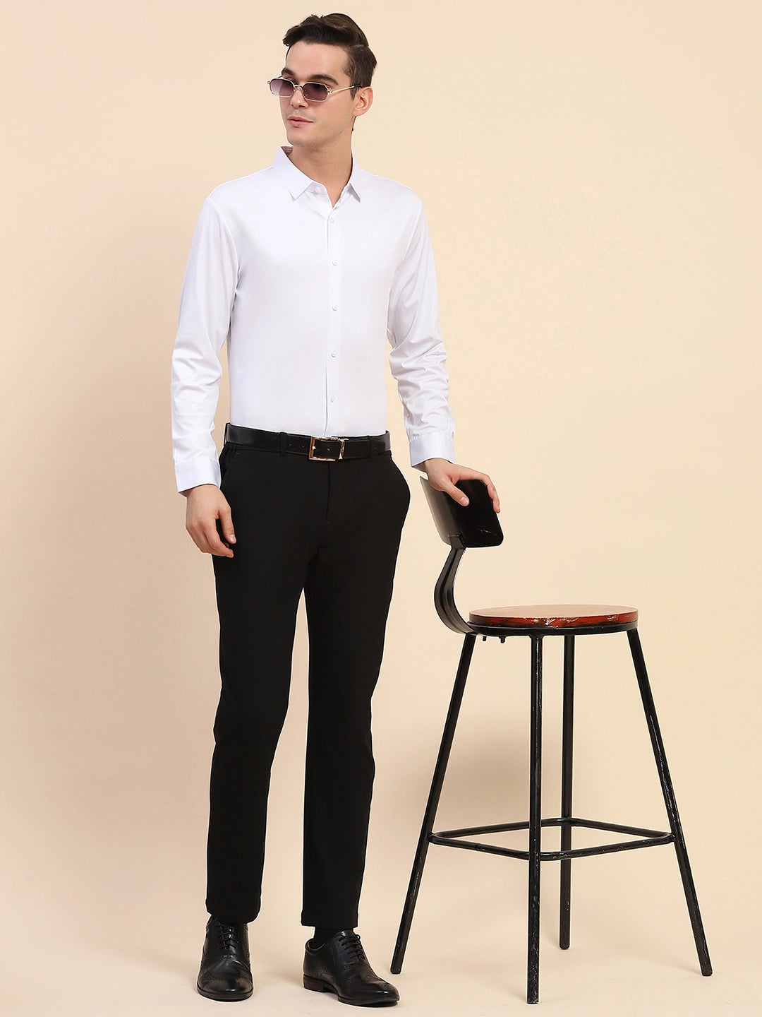 White Nylon Blend Solid Formal Shirt - Global Republic