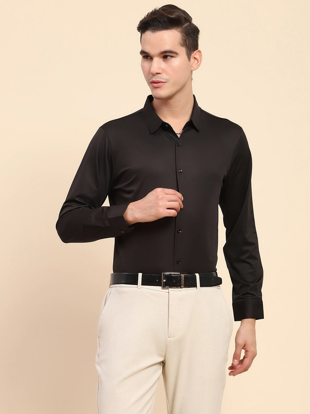 Black Nylon Blend Solid Formal Shirt - Global Republic