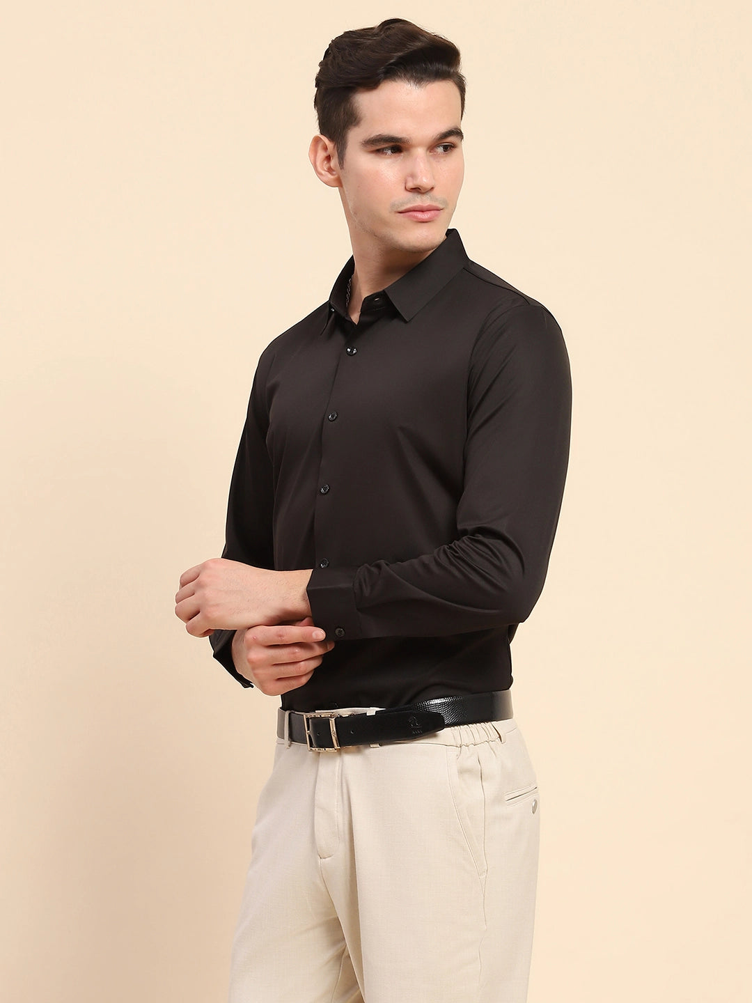 Black Nylon Blend Solid Formal Shirt - Global Republic