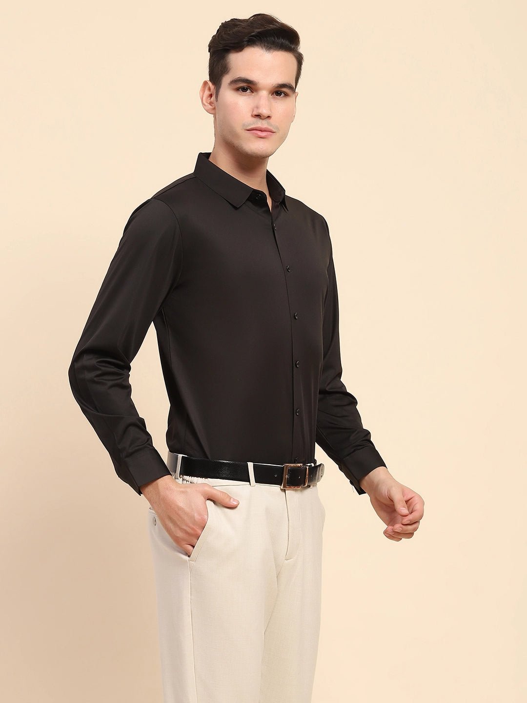 Black Nylon Blend Solid Formal Shirt - Global Republic
