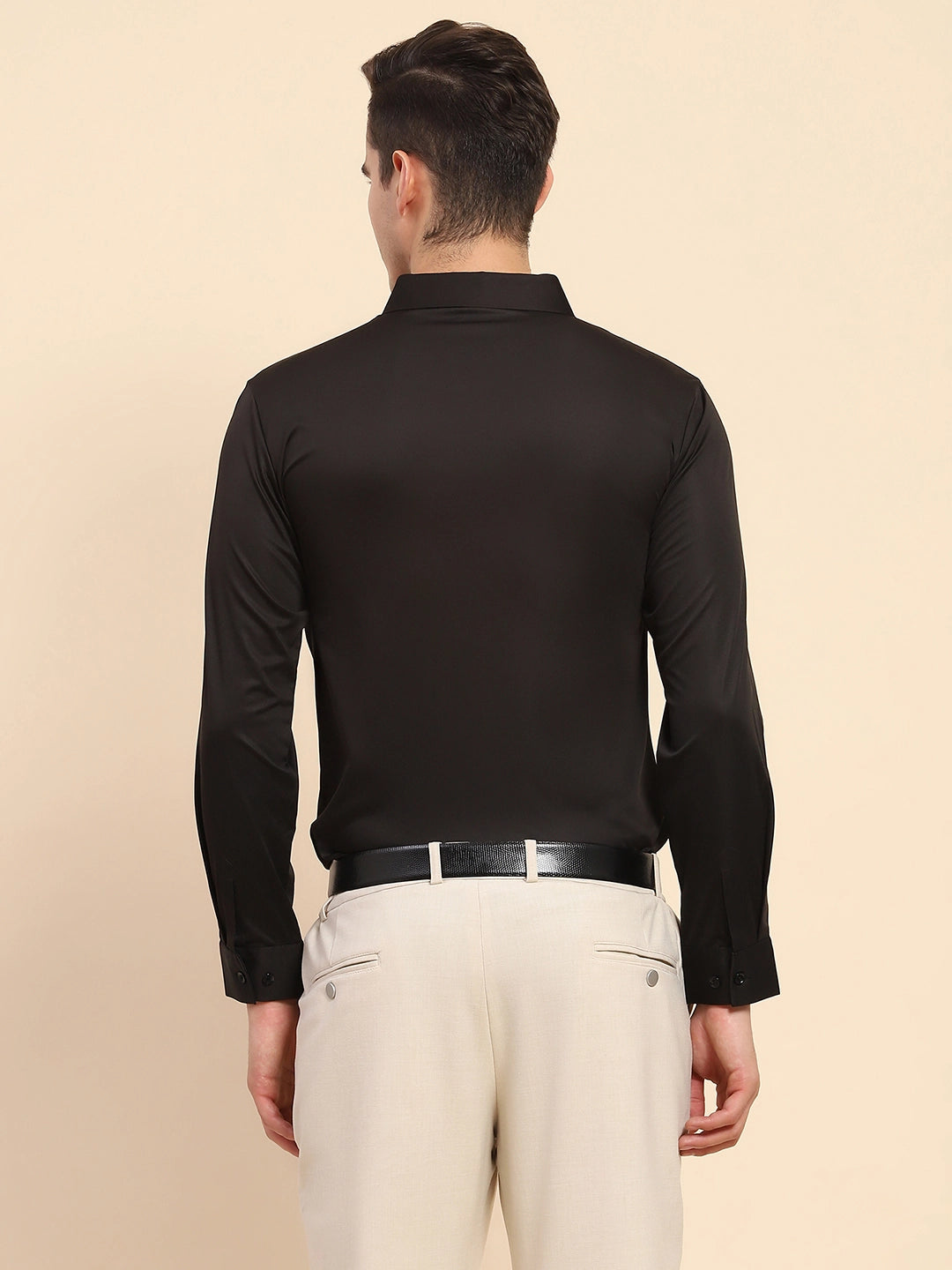 Black Nylon Blend Solid Formal Shirt - Global Republic