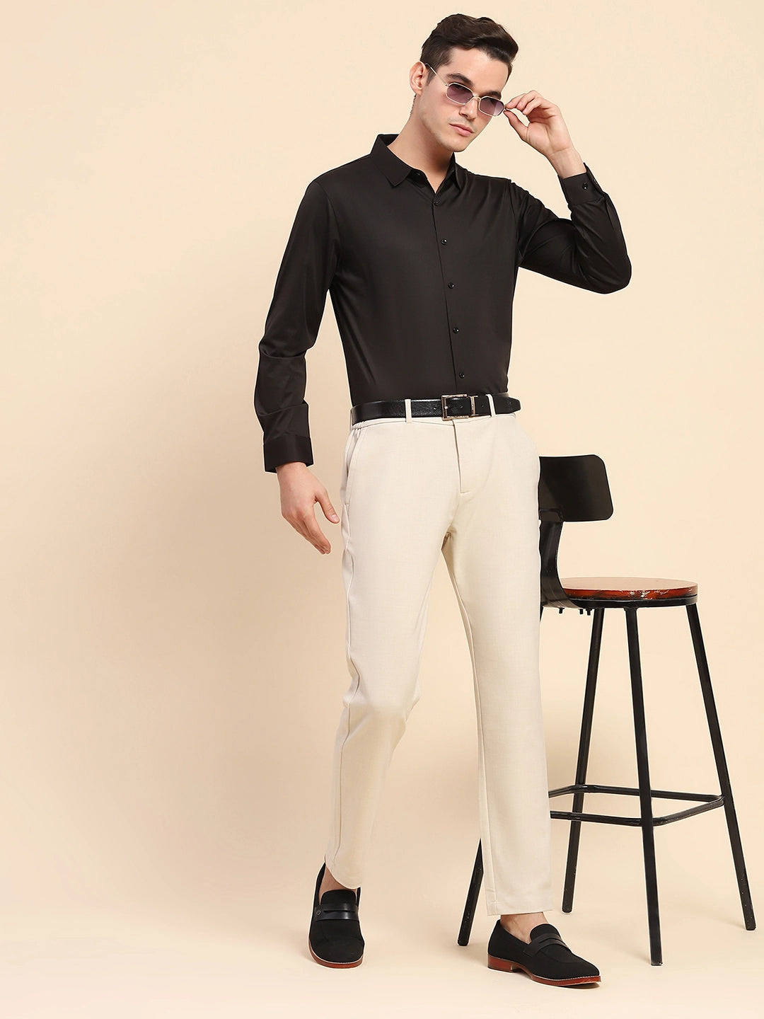 Black Nylon Blend Solid Formal Shirt - Global Republic