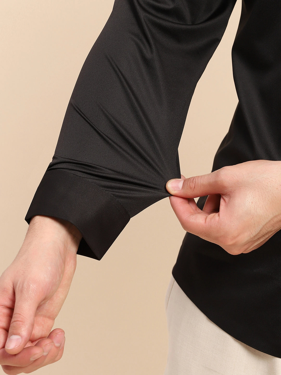 Black Nylon Blend Solid Formal Shirt - Global Republic