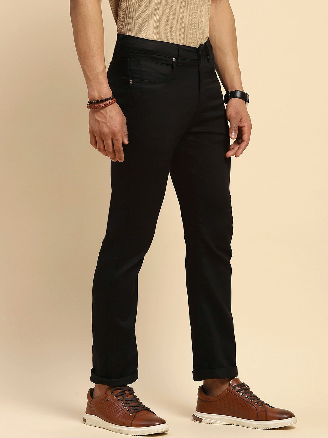 Black Straight Fit Cotton Blend Trouser - Global Republic